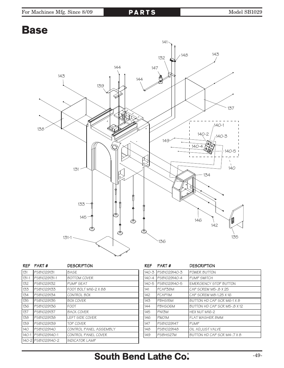 Base | Southbend 6" x 18" SURFACE GRINDER SB1029 User Manual | Page 51 / 60