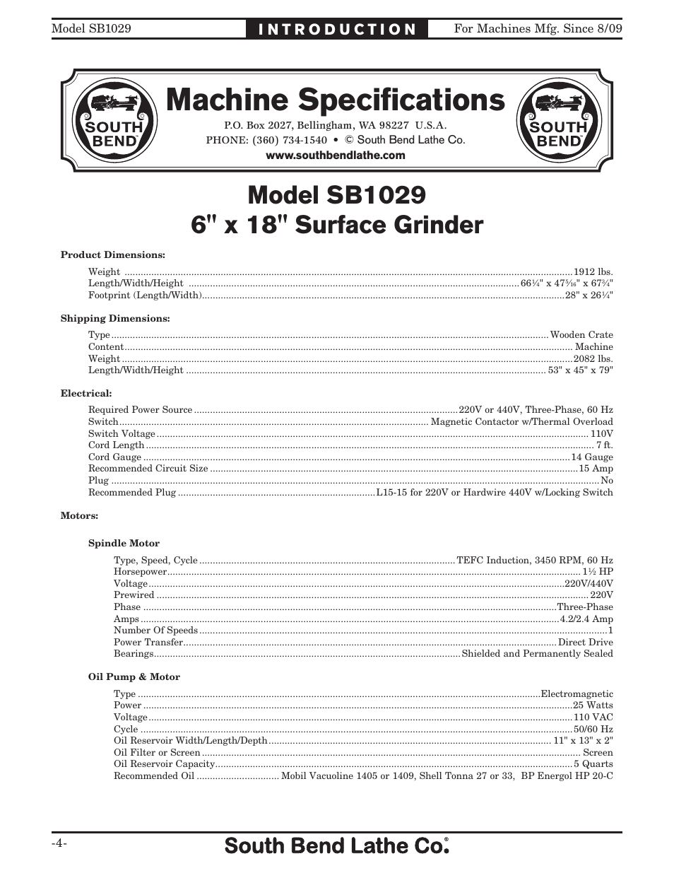 Machine speciﬁcations | Southbend 6" x 18" SURFACE GRINDER SB1029 User Manual | Page 6 / 60