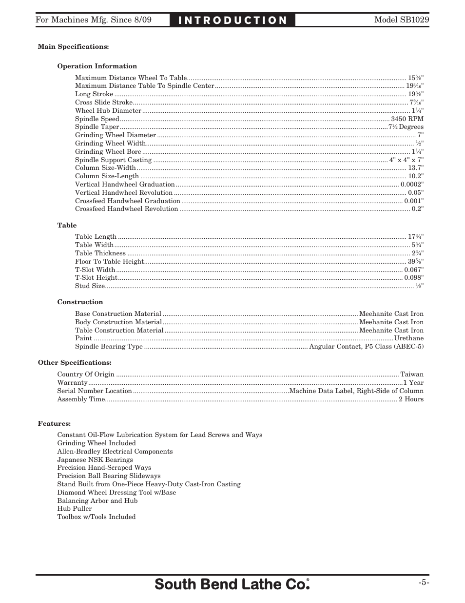 Southbend 6" x 18" SURFACE GRINDER SB1029 User Manual | Page 7 / 60