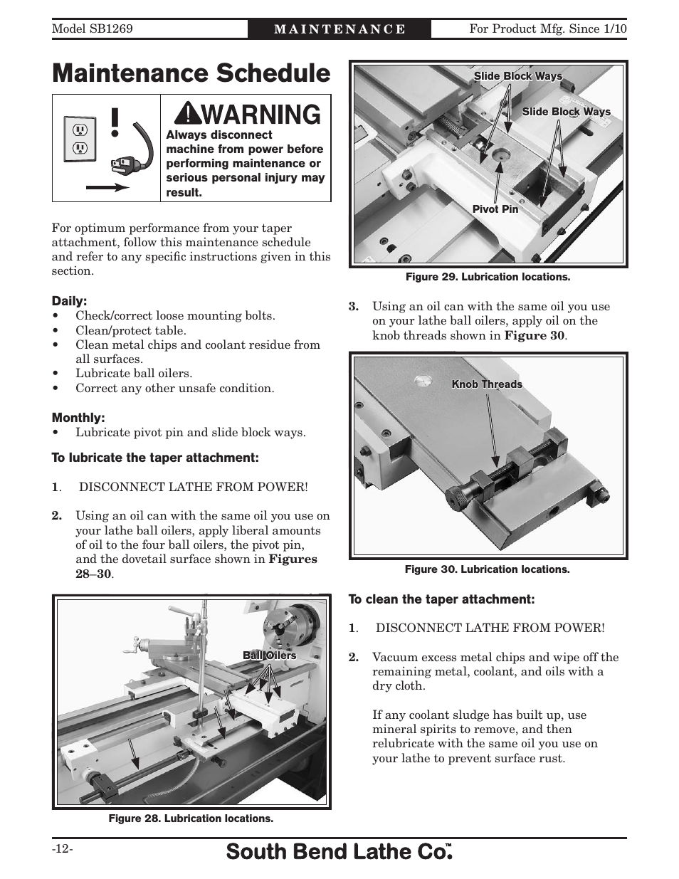 Maintenance schedule | Southbend SB1269 User Manual | Page 12 / 16