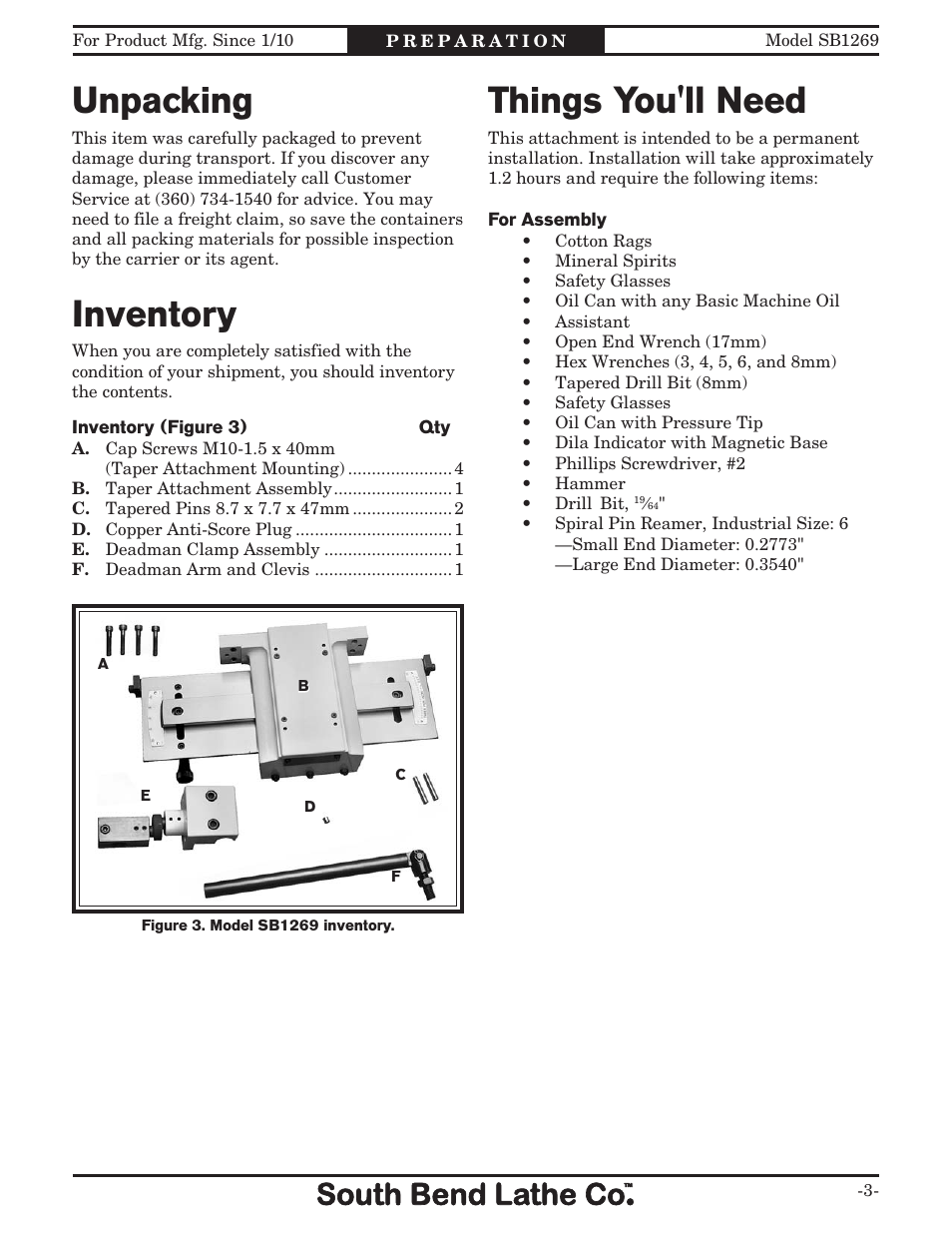 Inventory, Unpacking, Things you'll need | Southbend SB1269 User Manual | Page 3 / 16