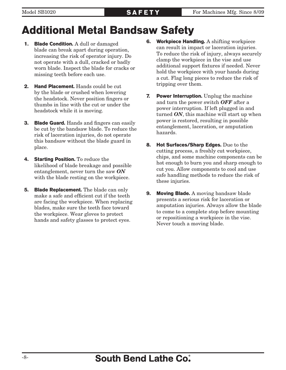 Additional metal bandsaw safety | Southbend SB1020 User Manual | Page 10 / 56