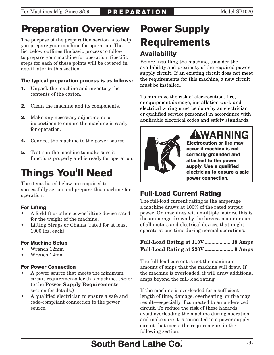 Preparation overview, Things you'll need power supply requirements, Availability | Full-load current rating | Southbend SB1020 User Manual | Page 11 / 56