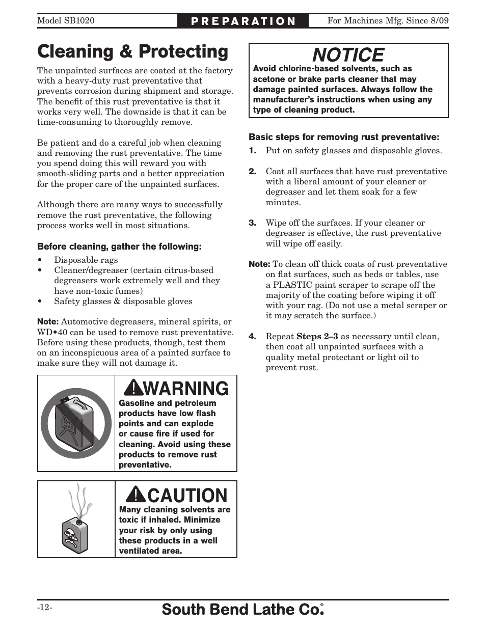 Cleaning & protecting | Southbend SB1020 User Manual | Page 14 / 56