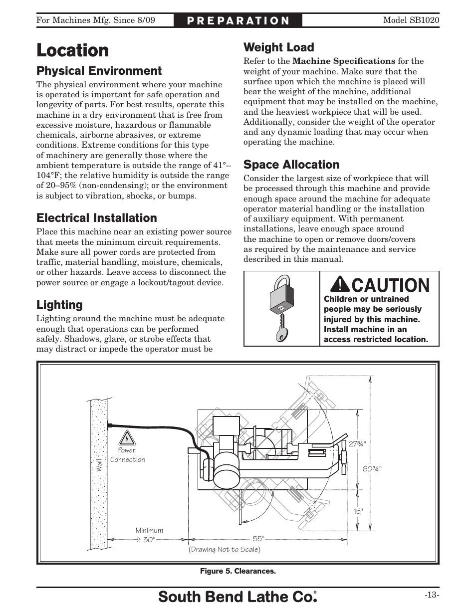 Location, Space allocation, Weight load | Physical environment, Electrical installation, Lighting | Southbend SB1020 User Manual | Page 15 / 56