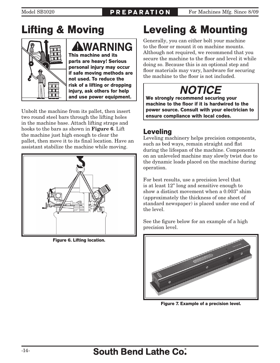Lifting & moving, Leveling & mounting, Leveling | Southbend SB1020 User Manual | Page 16 / 56