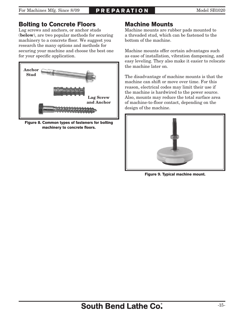 Bolting to concrete floors, Machine mounts | Southbend SB1020 User Manual | Page 17 / 56