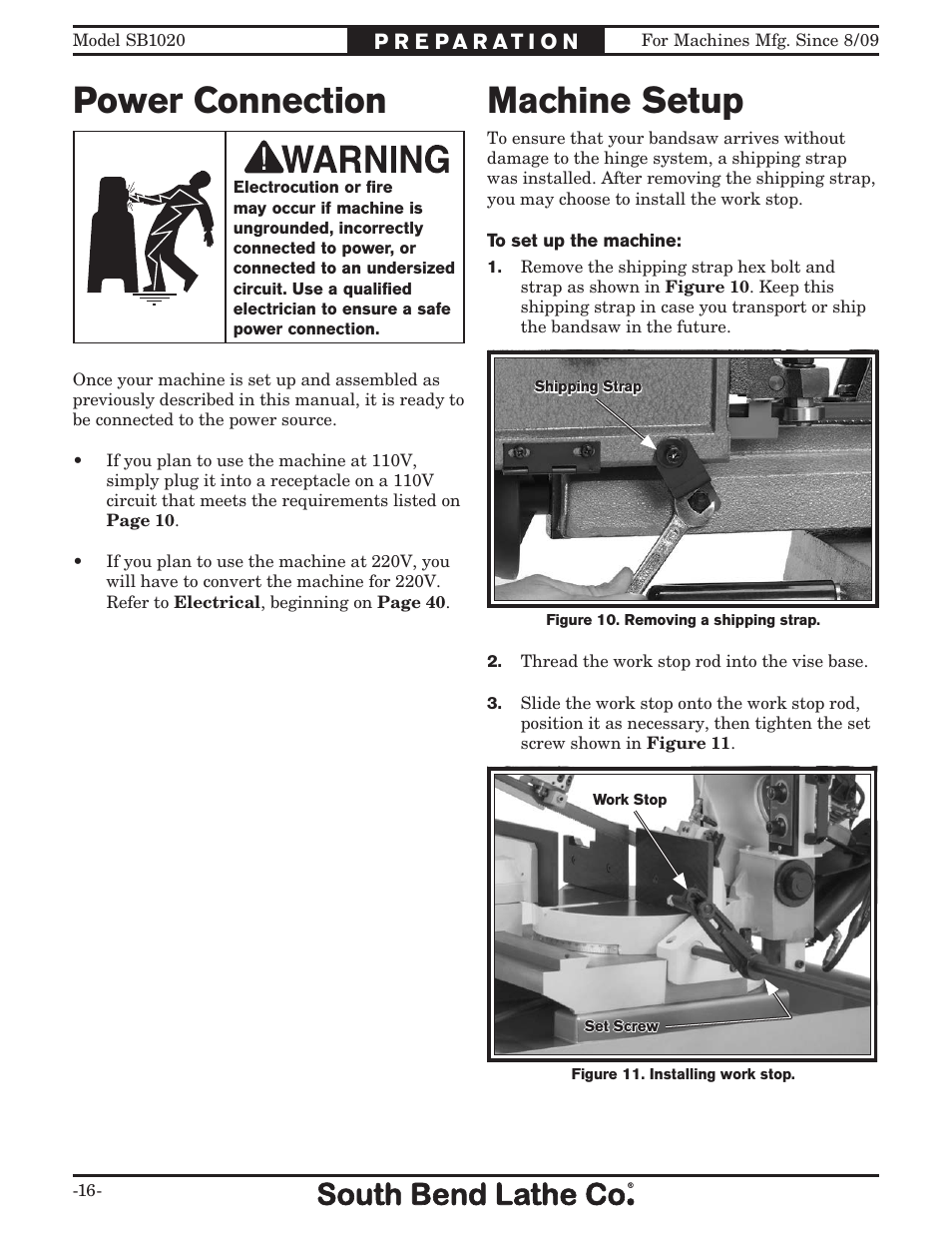 Machine setup, Power connection | Southbend SB1020 User Manual | Page 18 / 56