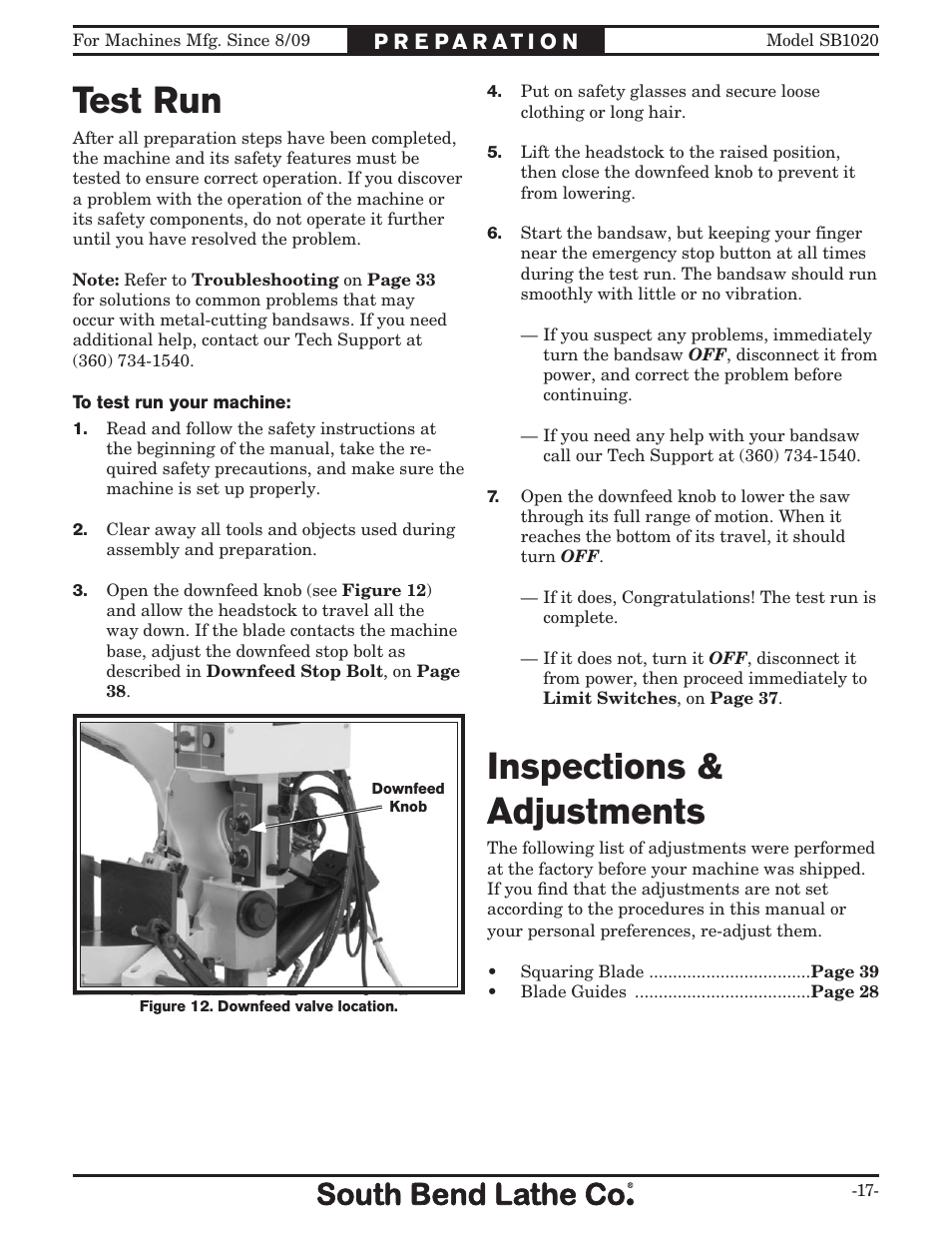 Test run, Inspections & adjustments | Southbend SB1020 User Manual | Page 19 / 56