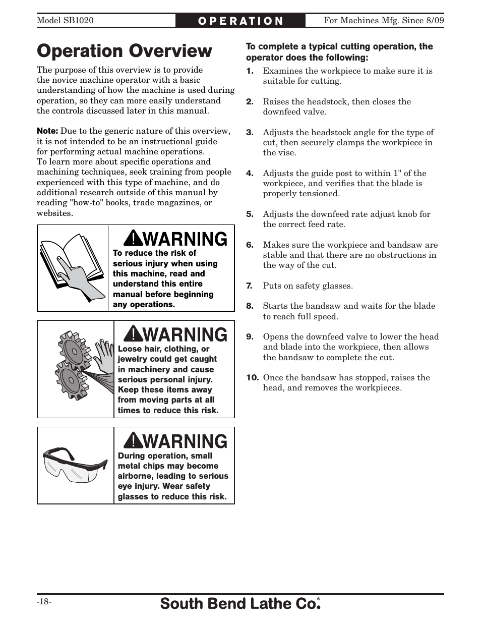 Operation overview | Southbend SB1020 User Manual | Page 20 / 56