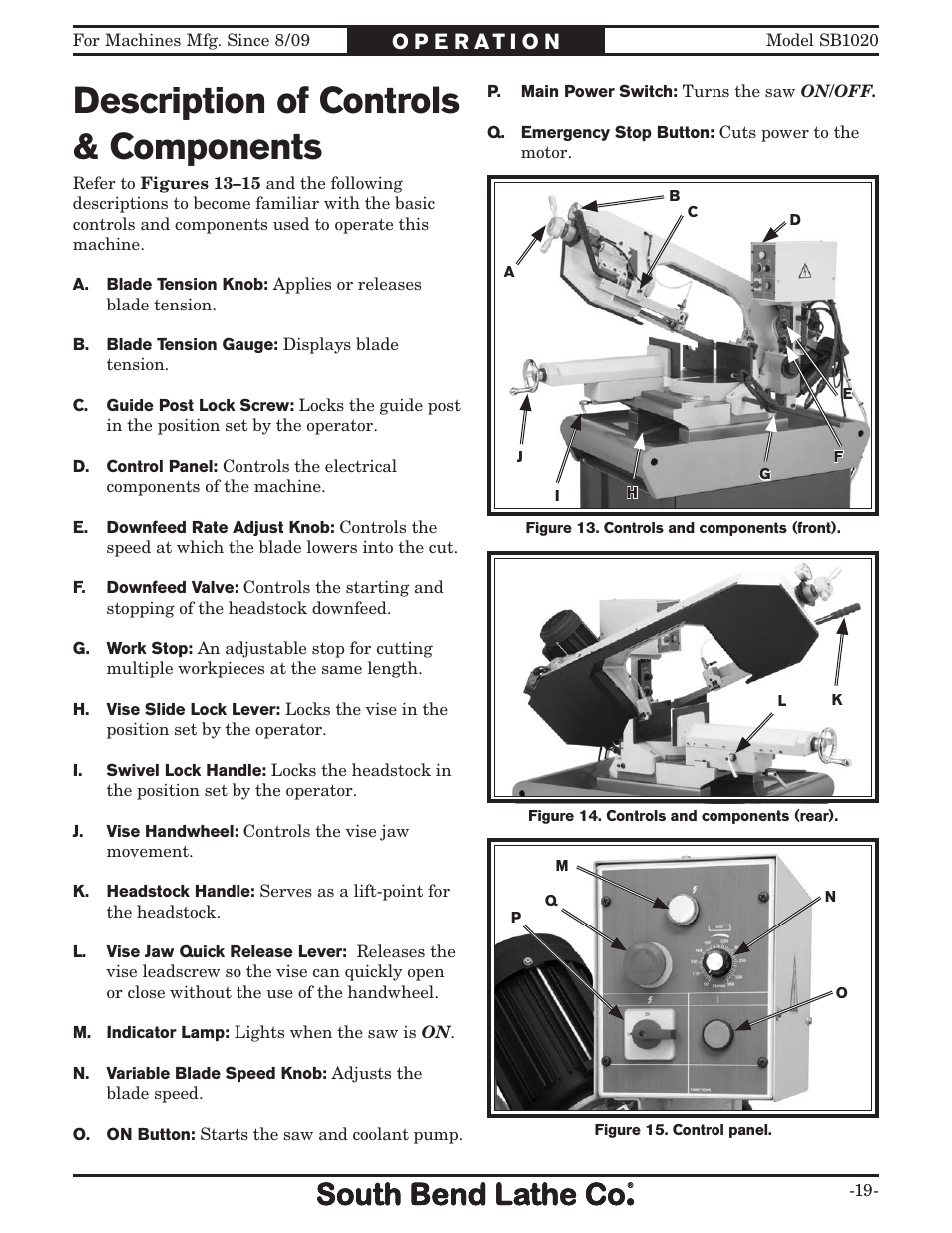 Description of controls & components | Southbend SB1020 User Manual | Page 21 / 56