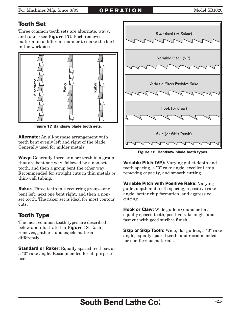 Tooth set, Tooth type | Southbend SB1020 User Manual | Page 23 / 56