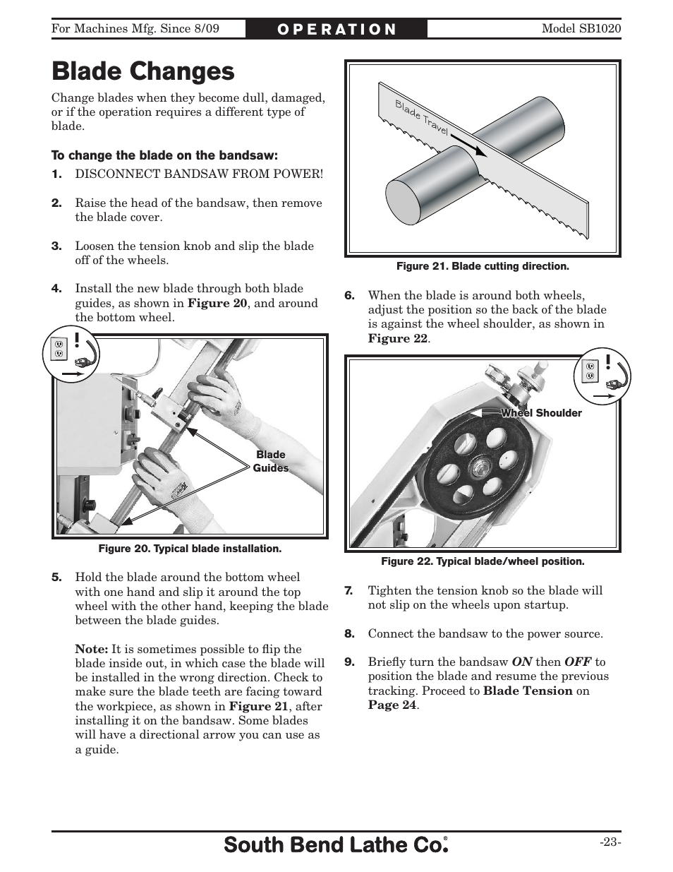 Blade changes | Southbend SB1020 User Manual | Page 25 / 56