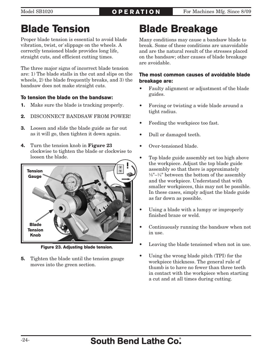 Blade tension, Blade breakage | Southbend SB1020 User Manual | Page 26 / 56