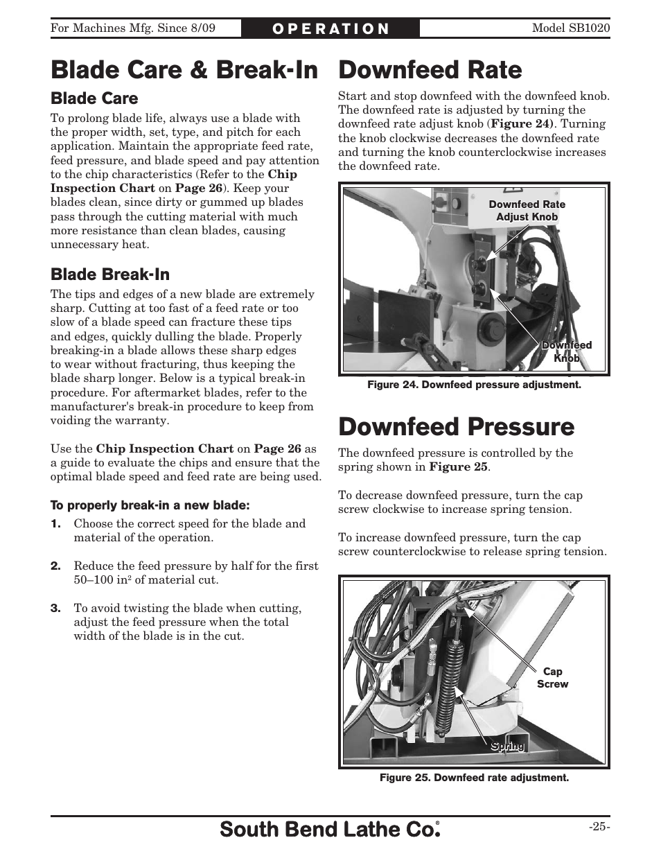 Blade care & break-in, Downfeed rate, Downfeed pressure | Blade care, Blade break-in | Southbend SB1020 User Manual | Page 27 / 56