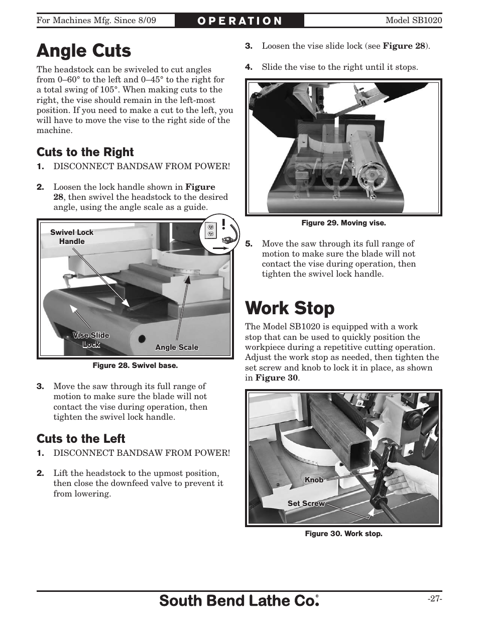 Angle cuts work stop, Cuts to the right, Cuts to the left | Southbend SB1020 User Manual | Page 29 / 56