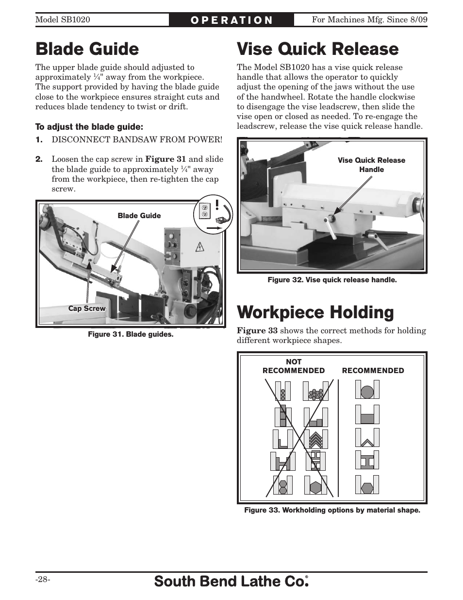 Blade guide, Vise quick release, Workpiece holding | Southbend SB1020 User Manual | Page 30 / 56