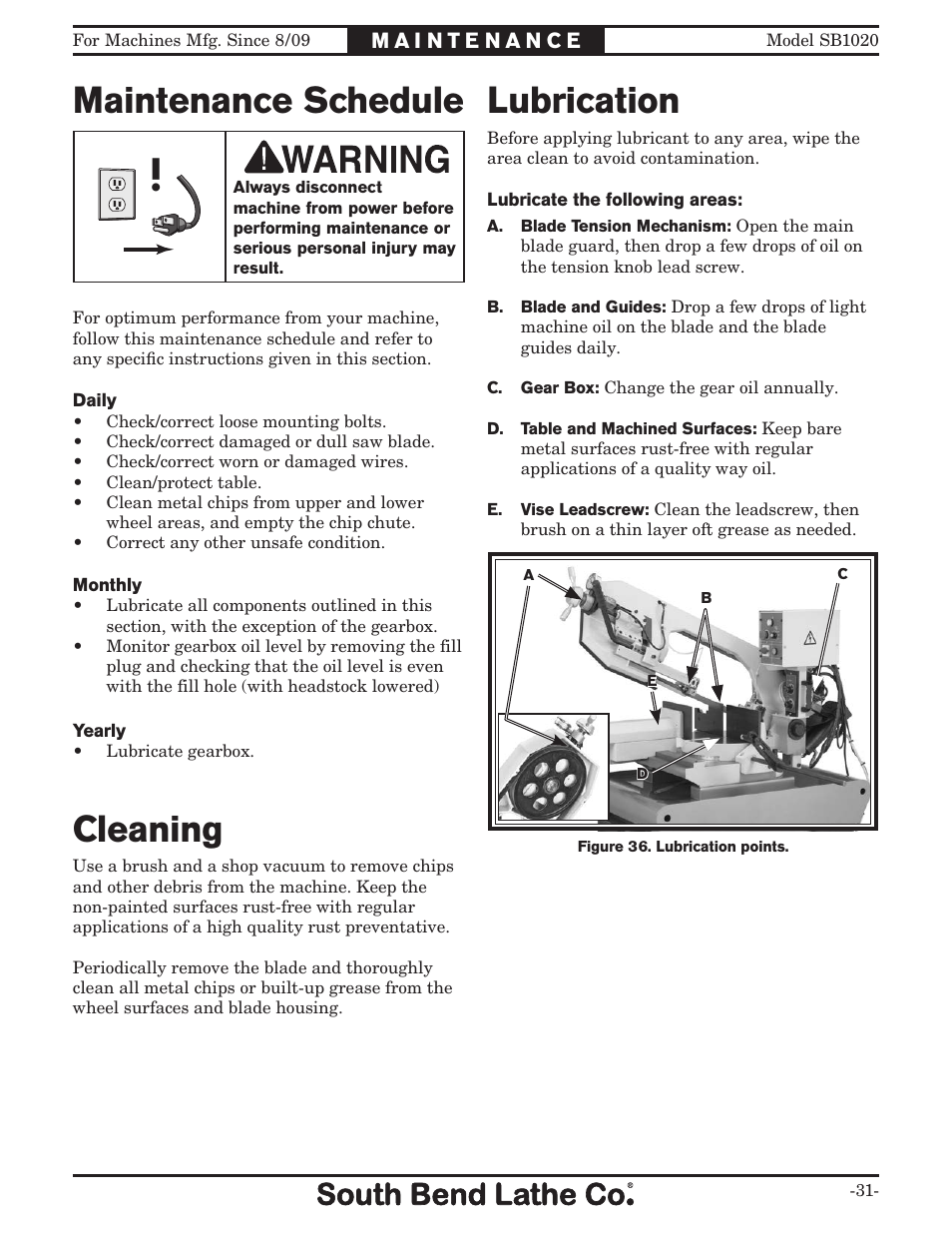 Maintenance schedule, Cleaning, Lubrication | Southbend SB1020 User Manual | Page 33 / 56