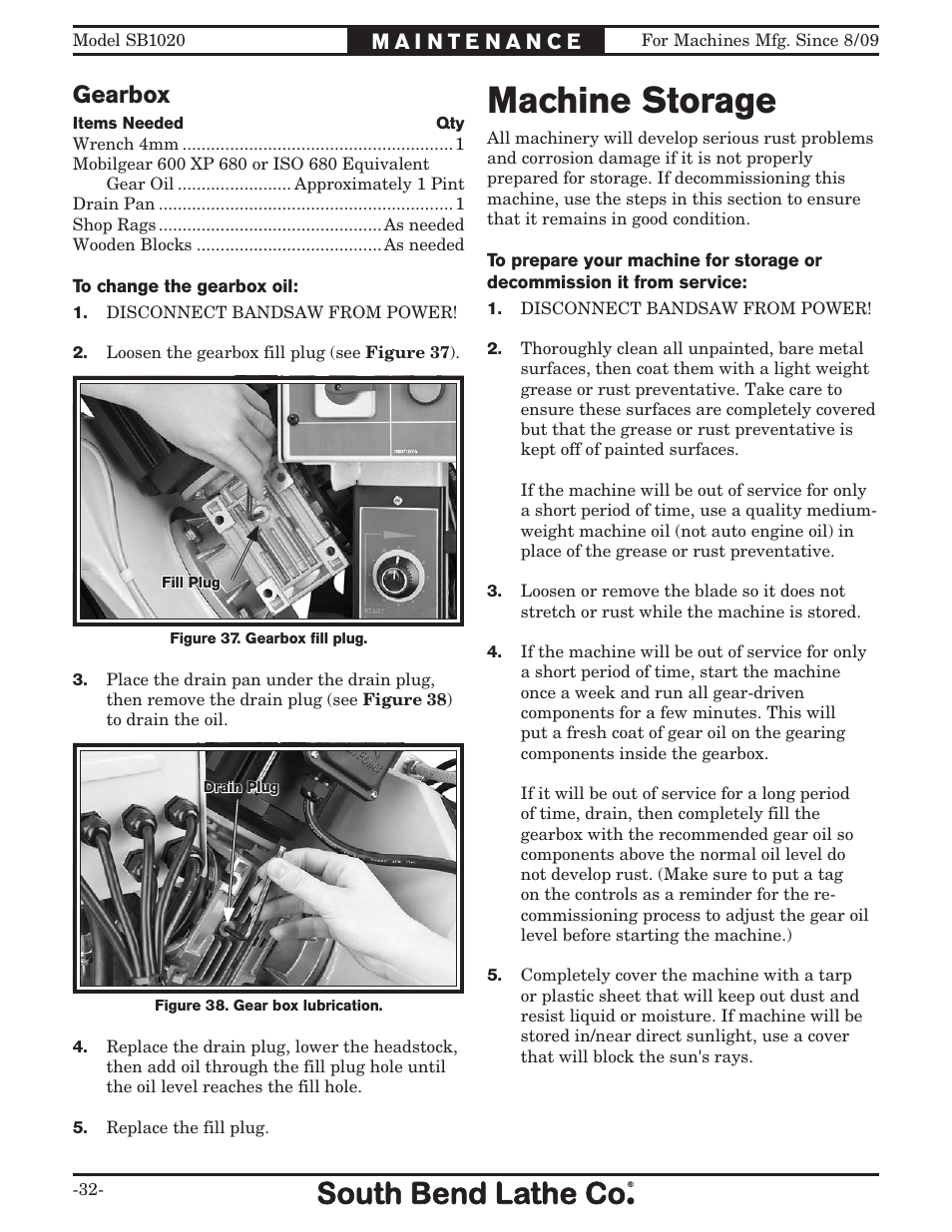 Machine storage, Gearbox | Southbend SB1020 User Manual | Page 34 / 56