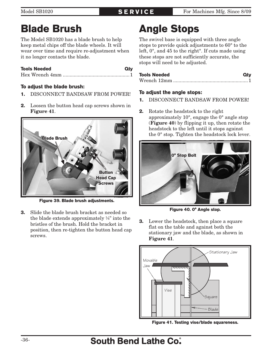 Blade brush angle stops | Southbend SB1020 User Manual | Page 38 / 56