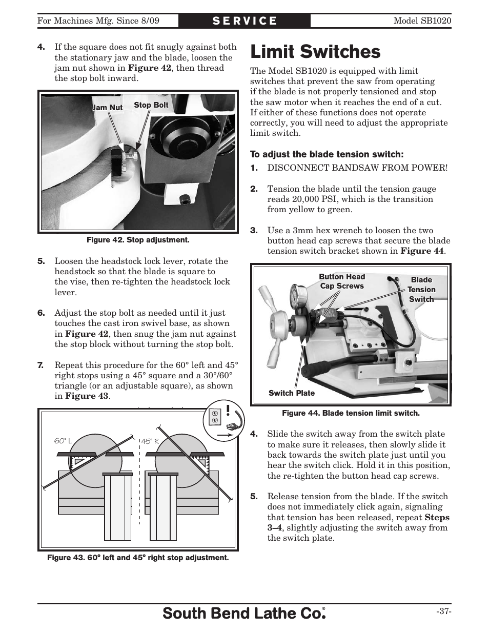 Limit switches | Southbend SB1020 User Manual | Page 39 / 56