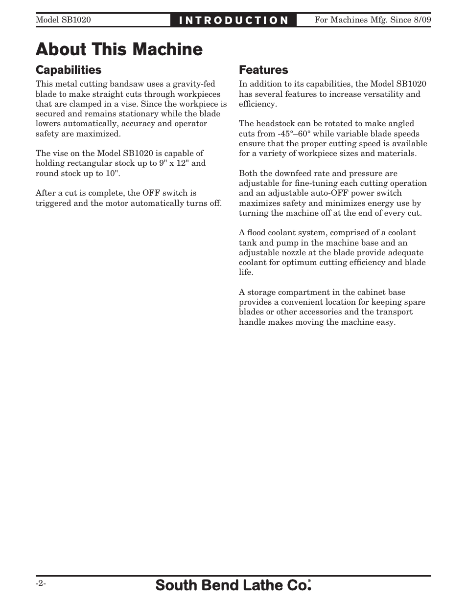 About this machine, Capabilities, Features | Southbend SB1020 User Manual | Page 4 / 56