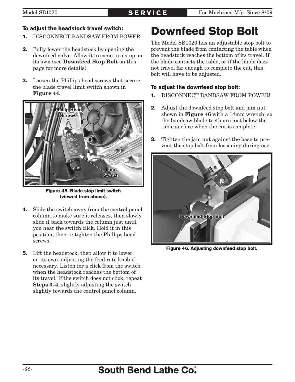 Downfeed stop bolt | Southbend SB1020 User Manual | Page 40 / 56