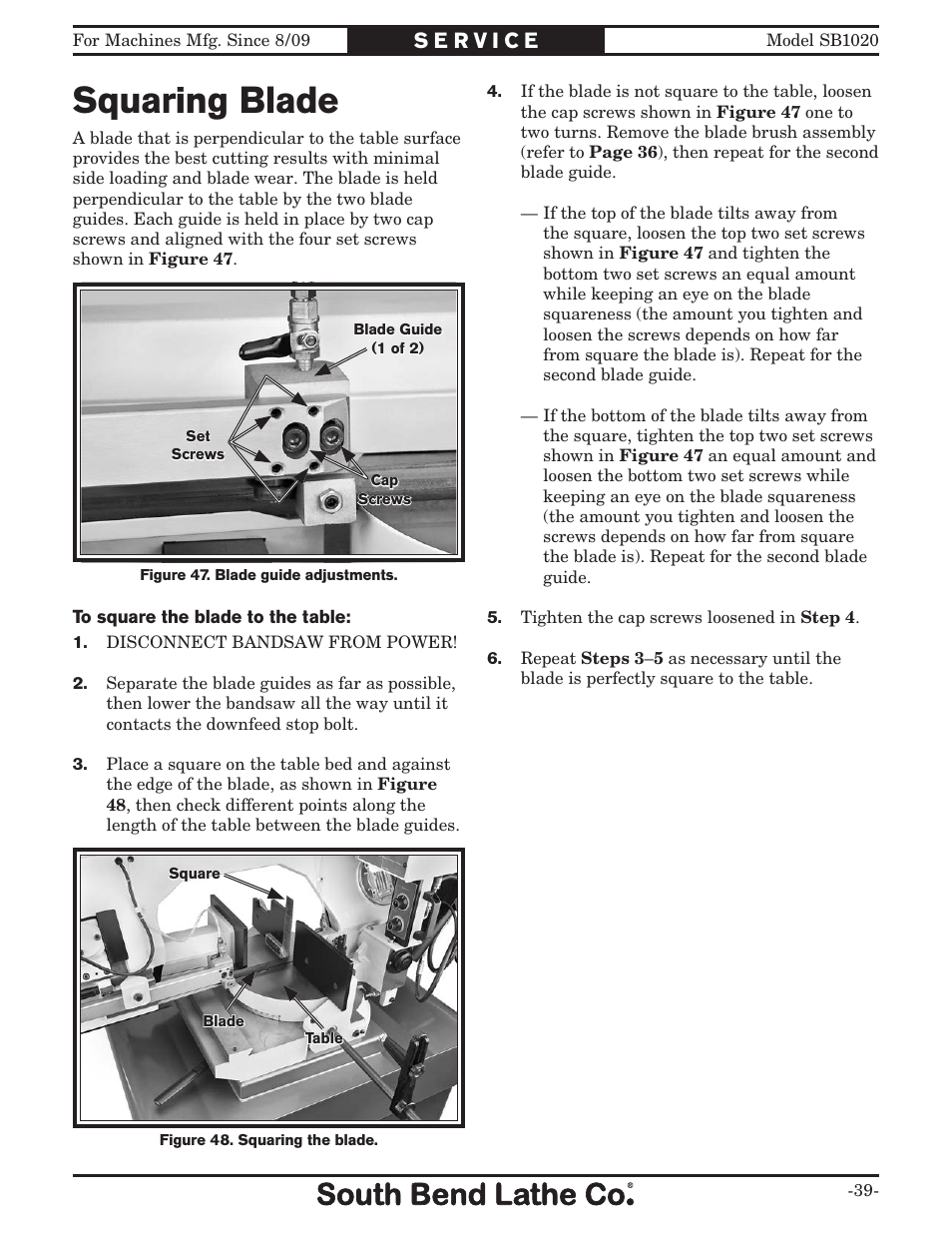 Squaring blade | Southbend SB1020 User Manual | Page 41 / 56