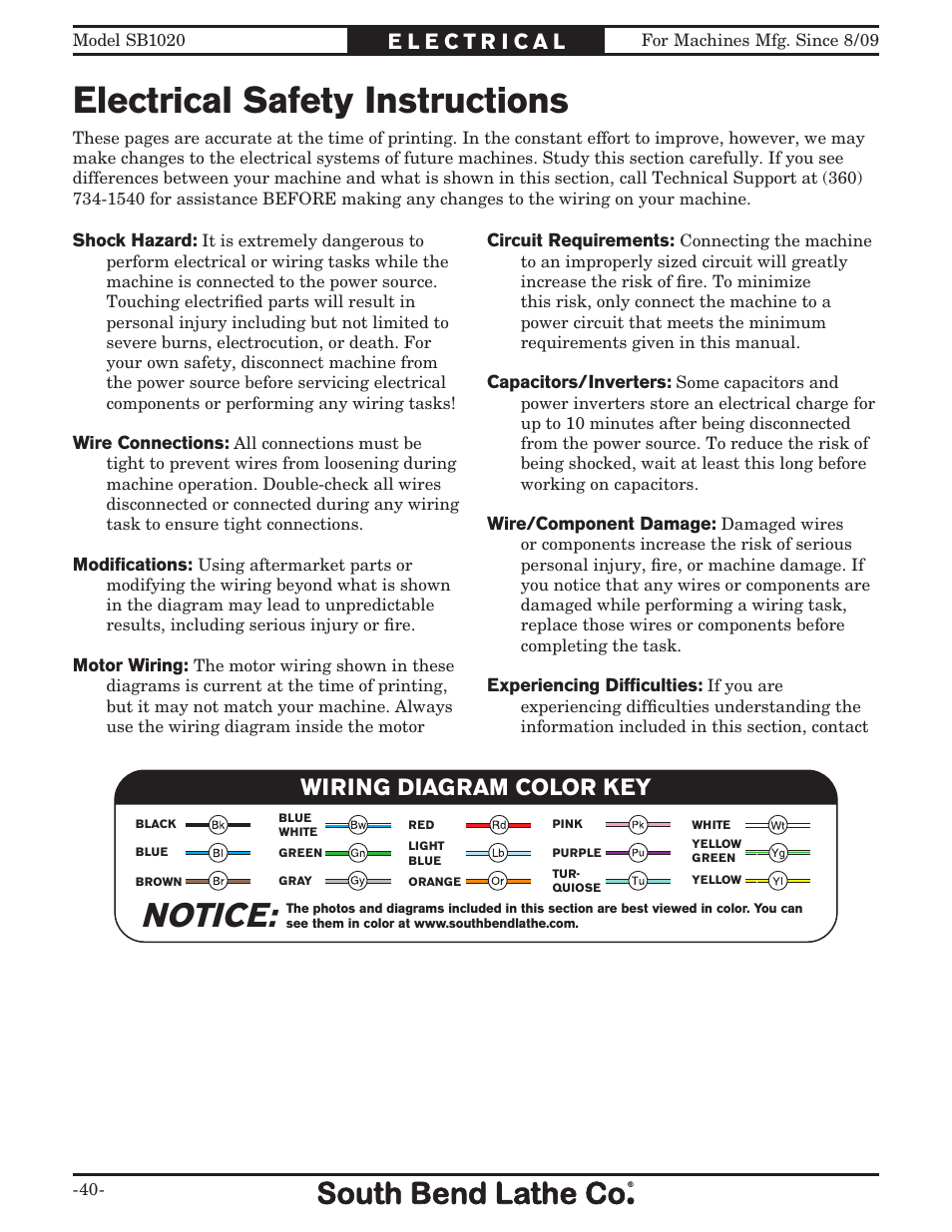 Electrical safety instructions, Notice, Wiring diagram color key | Southbend SB1020 User Manual | Page 42 / 56