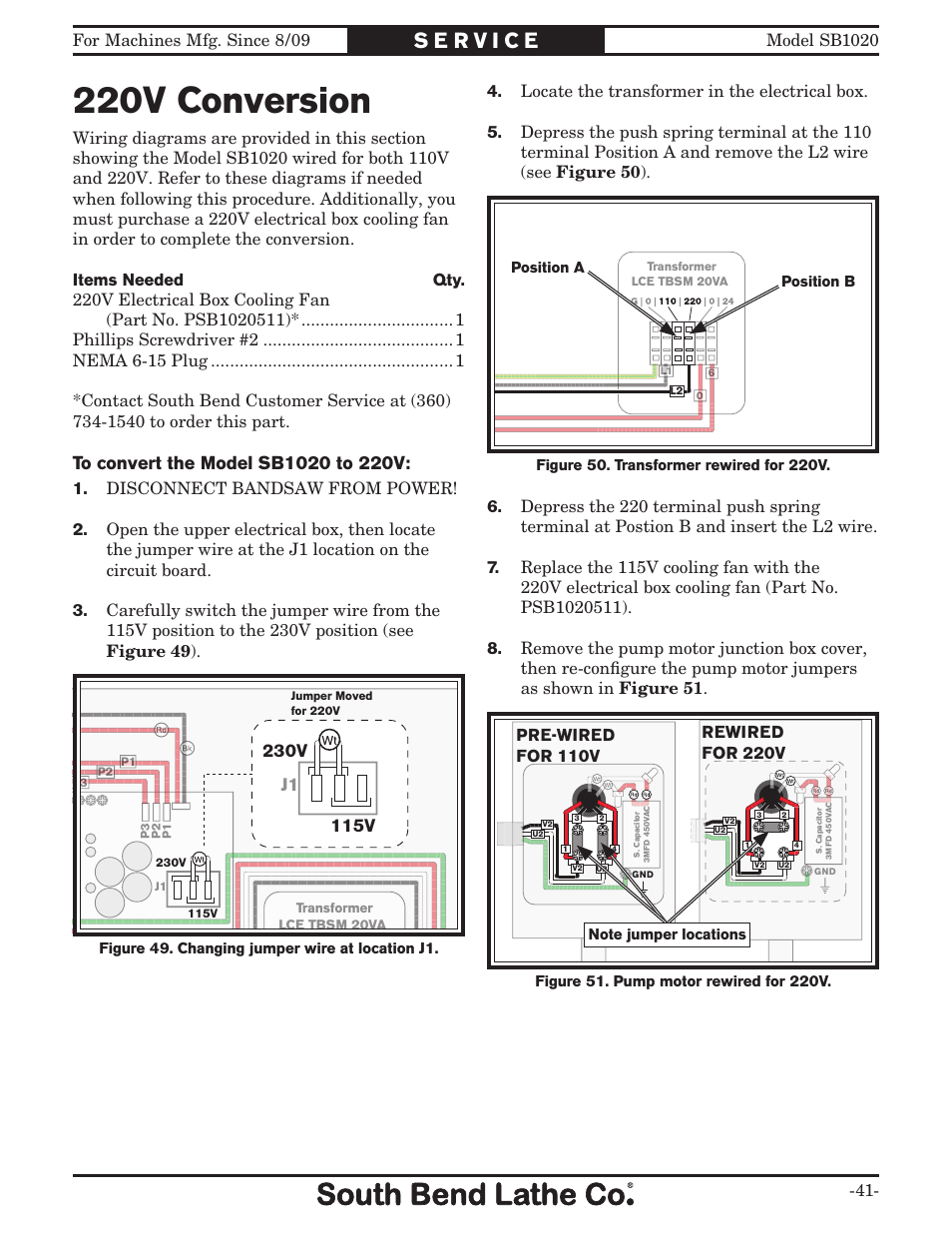 220v conversion, Pre-wired for 110v, Rewired for 220v | Southbend SB1020 User Manual | Page 43 / 56