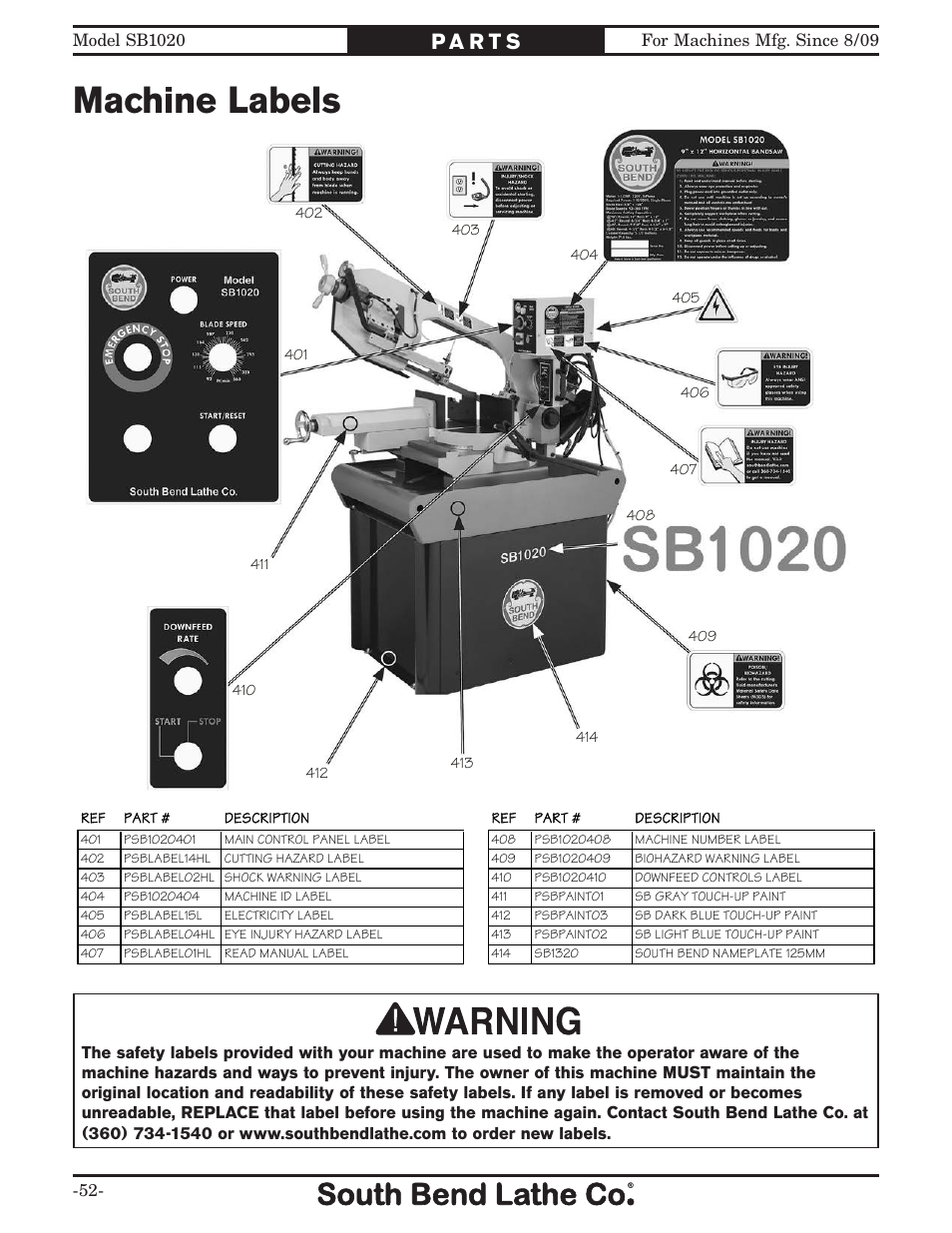 Machine labels | Southbend SB1020 User Manual | Page 54 / 56