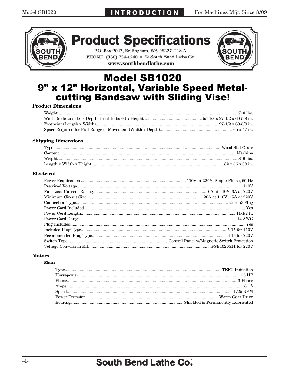 Machine specifications, Model sb1020 | Southbend SB1020 User Manual | Page 6 / 56