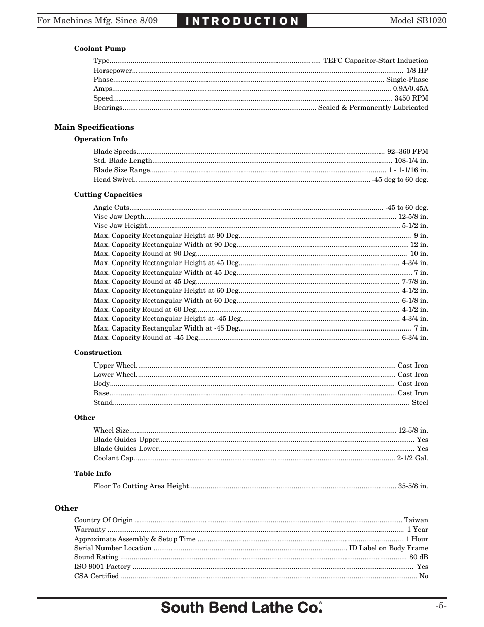 Southbend SB1020 User Manual | Page 7 / 56