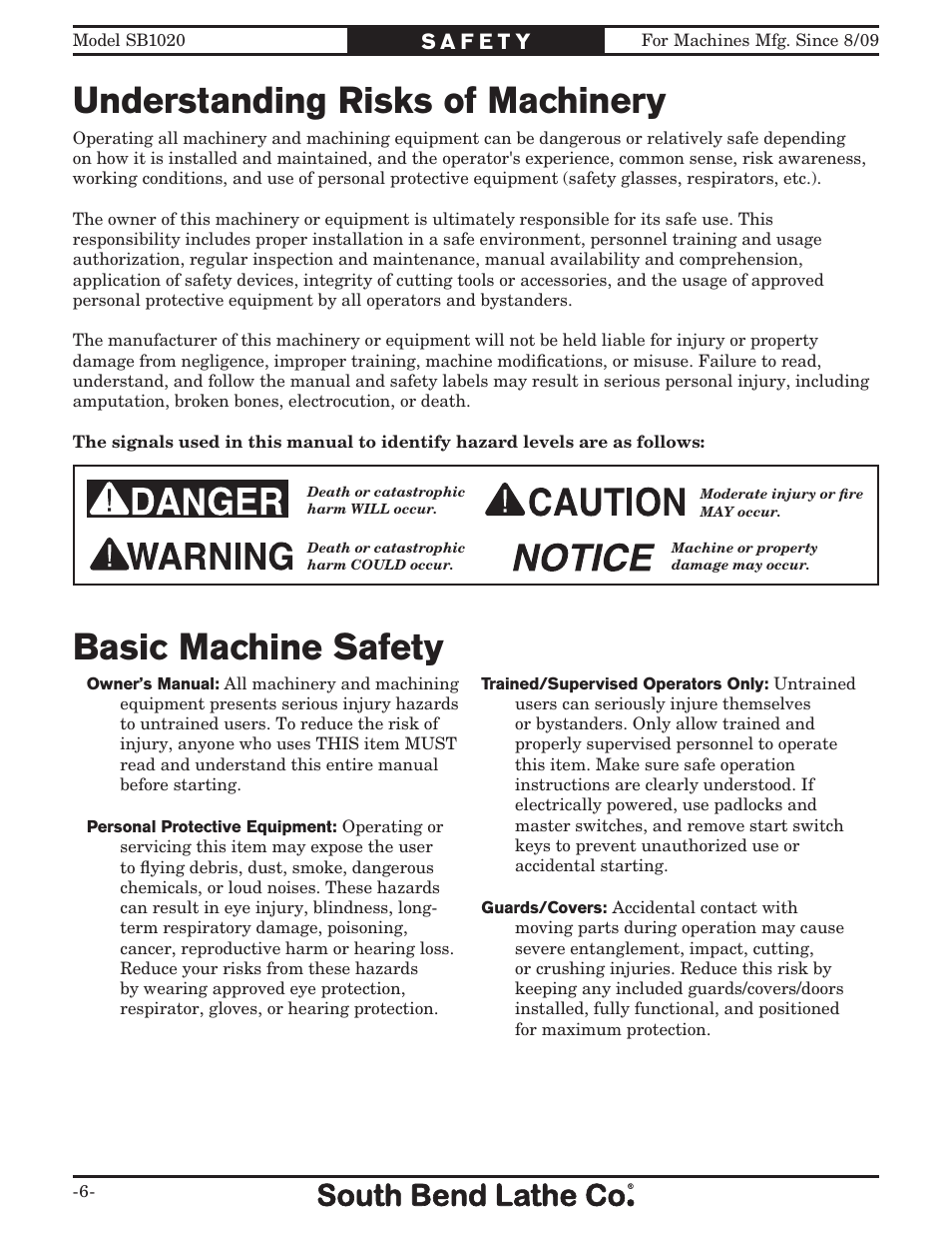 Understanding risks of machinery, Basic machine safety | Southbend SB1020 User Manual | Page 8 / 56