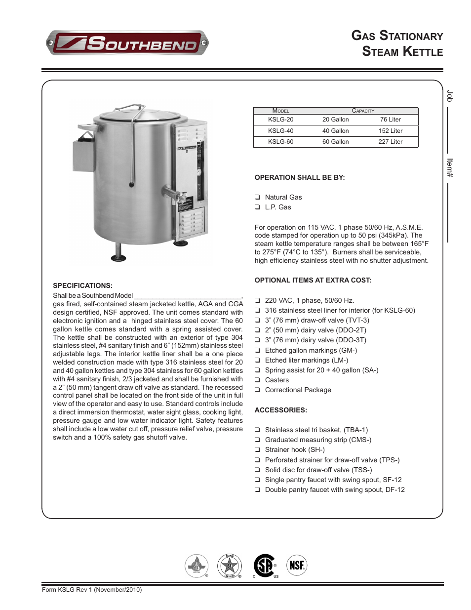 Southbend KSLG-60 User Manual | 2 pages