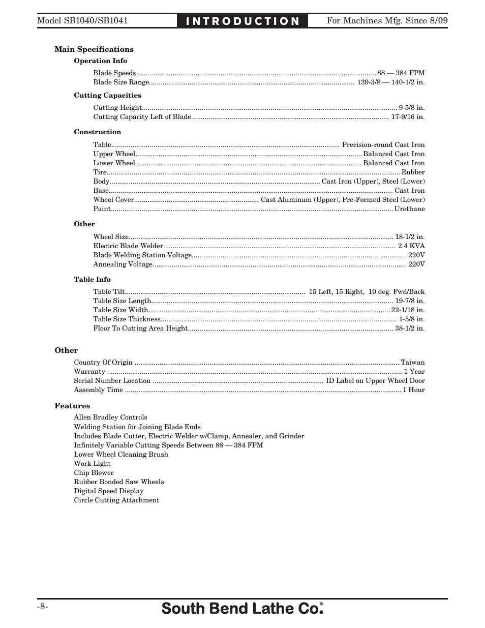 Southbend SB1040 User Manual | Page 10 / 72