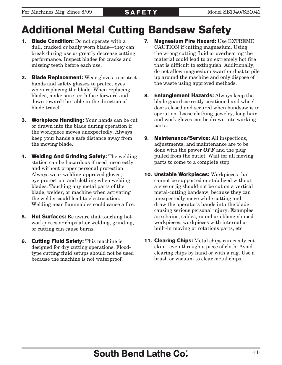 Additional metal cutting bandsaw safety | Southbend SB1040 User Manual | Page 13 / 72