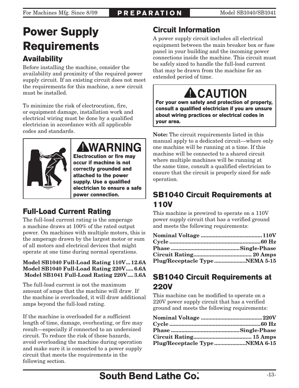 Power supply requirements, Availability full-load current rating | Southbend SB1040 User Manual | Page 15 / 72