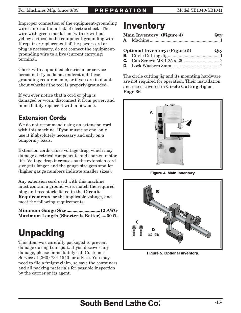 Unpacking, Inventory, Extension cords | Southbend SB1040 User Manual | Page 17 / 72