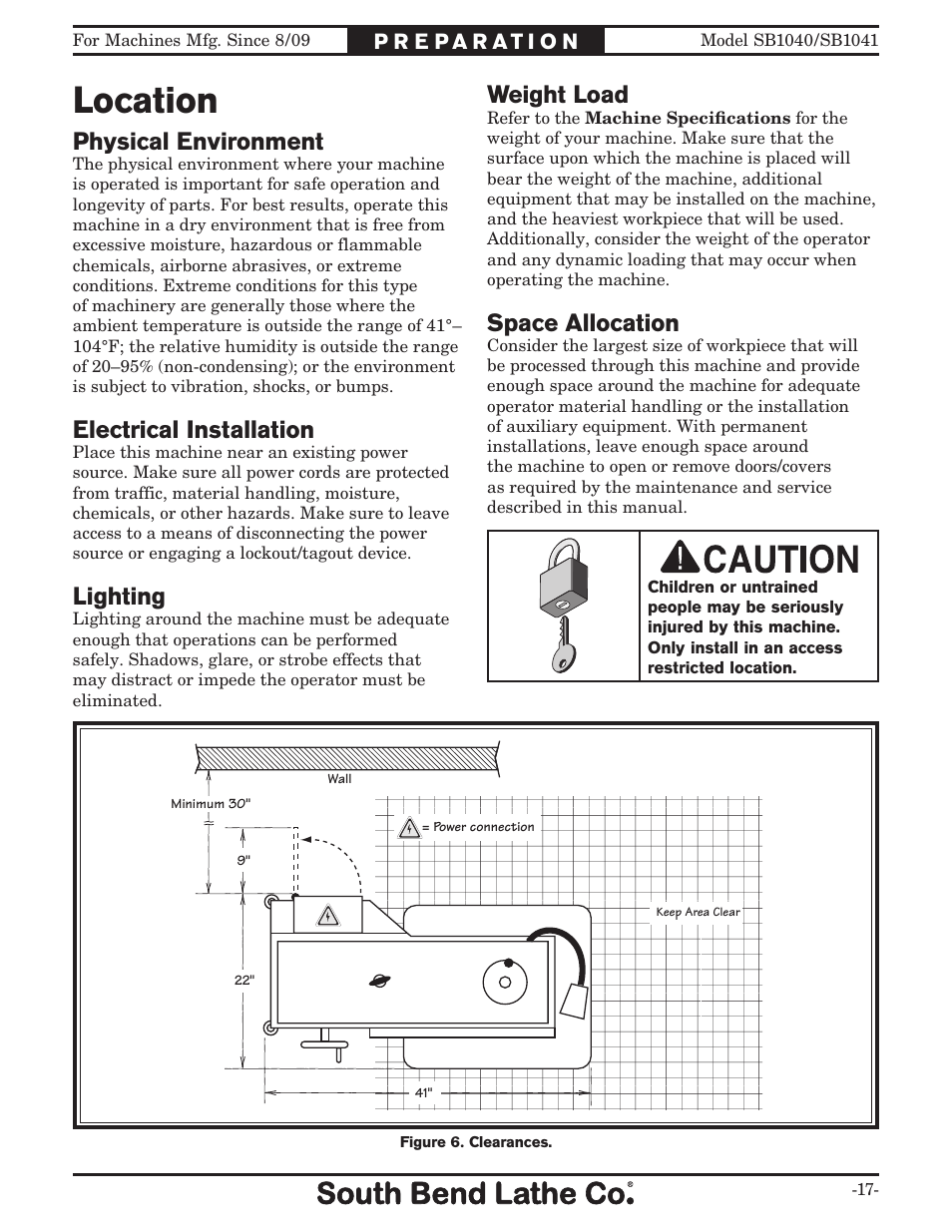 Location, Weight load, Space allocation | Physical environment, Electrical installation, Lighting | Southbend SB1040 User Manual | Page 19 / 72