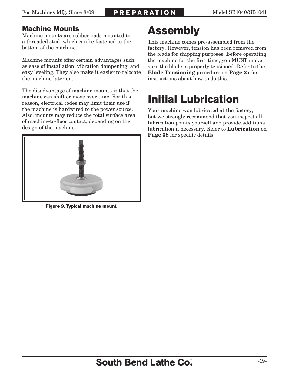 Assembly, Initial lubrication, Machine mounts | Southbend SB1040 User Manual | Page 21 / 72