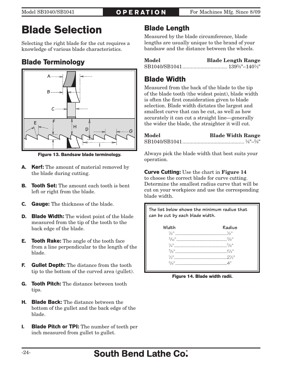 Blade selection, Blade terminology, Blade length | Blade width | Southbend SB1040 User Manual | Page 26 / 72