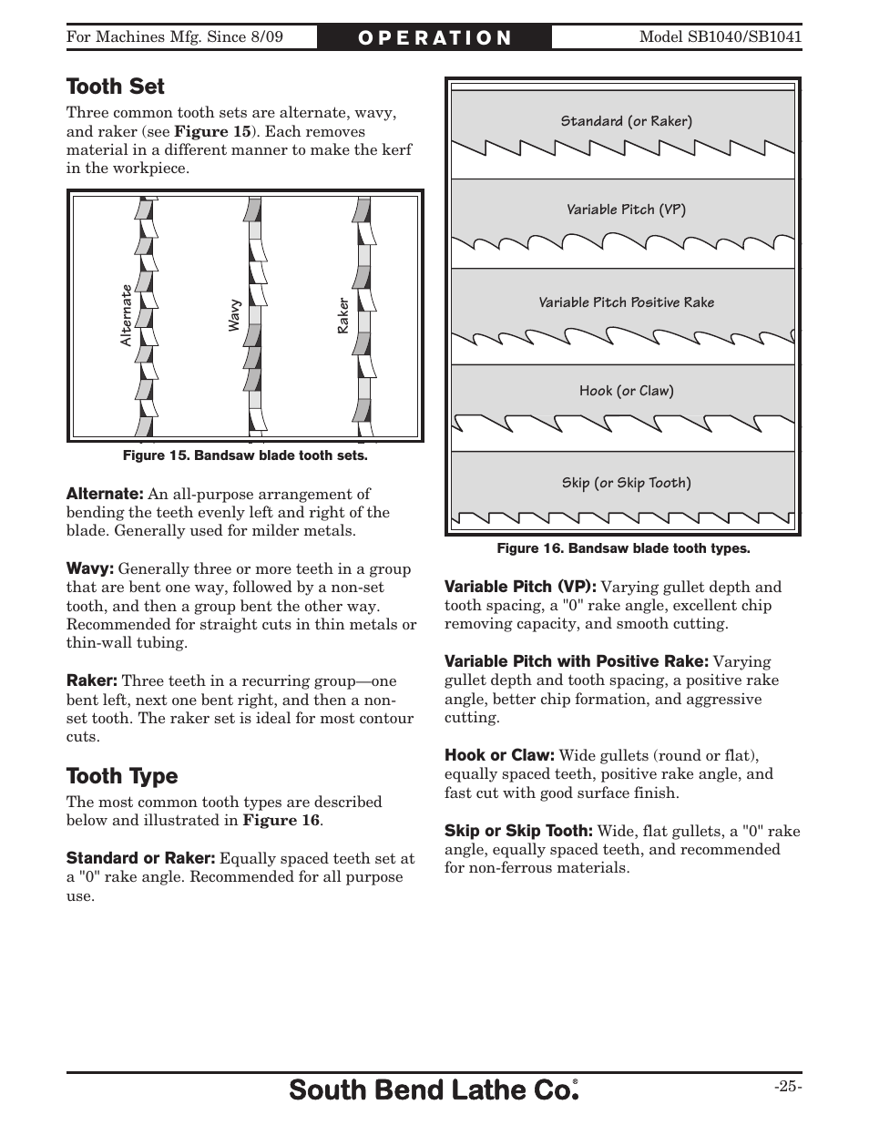 Tooth set, Tooth type | Southbend SB1040 User Manual | Page 27 / 72