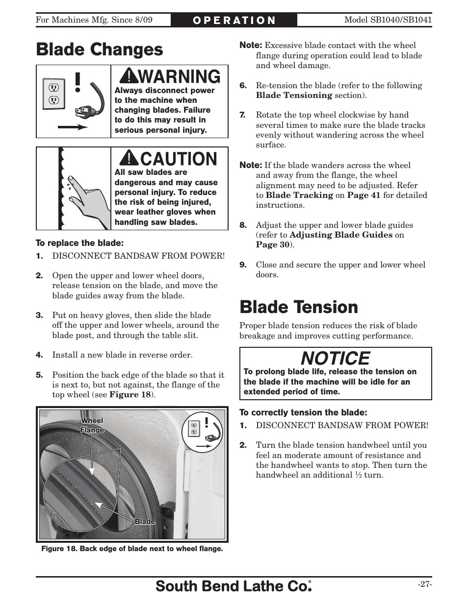 Blade changes, Blade tension | Southbend SB1040 User Manual | Page 29 / 72