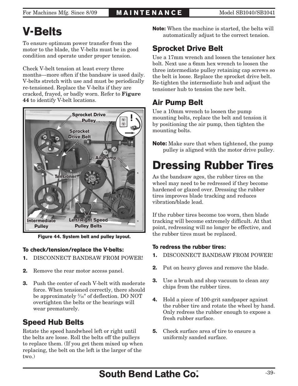 V-belts, Dressing rubber tires, Sprocket drive belt | Air pump belt, Speed hub belts | Southbend SB1040 User Manual | Page 41 / 72