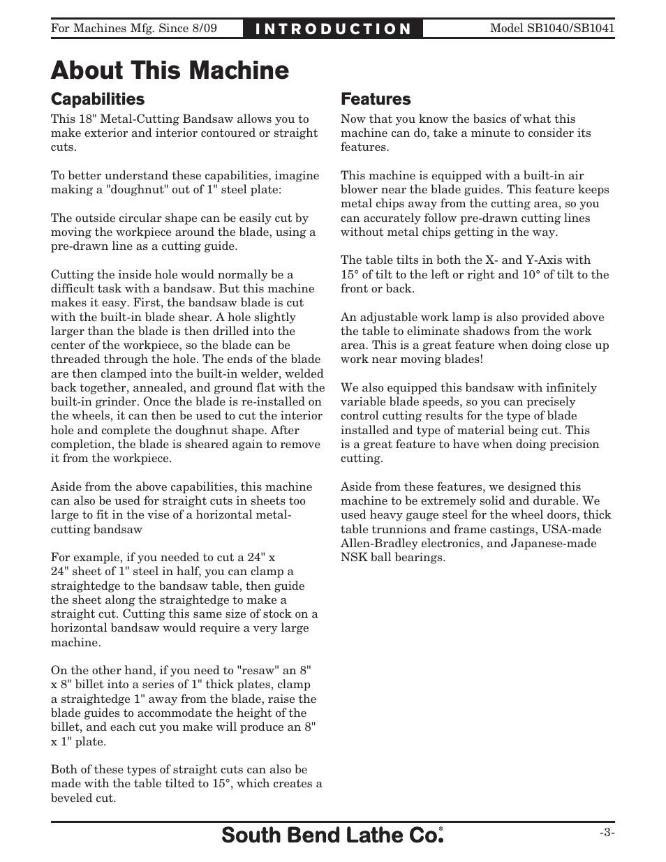 About this machine, Capabilities, Features | Southbend SB1040 User Manual | Page 5 / 72