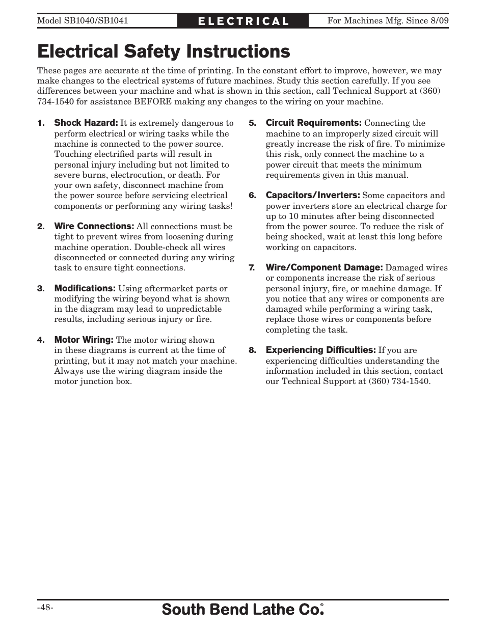 Electrical safety instructions | Southbend SB1040 User Manual | Page 50 / 72