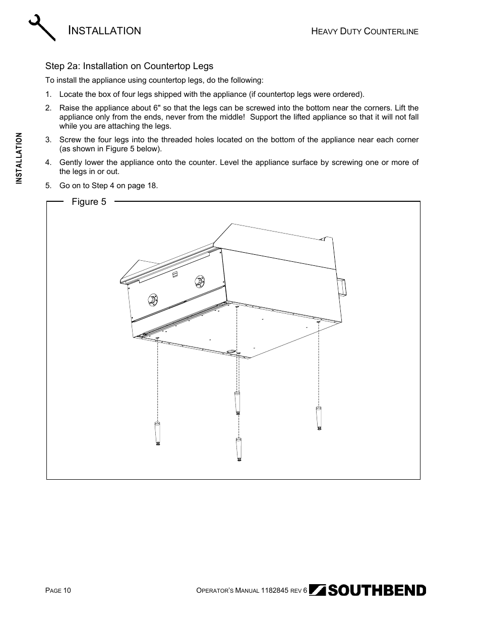 Step 2a: installation on countertop legs, Nstallation | Southbend HDG-60E User Manual | Page 10 / 48