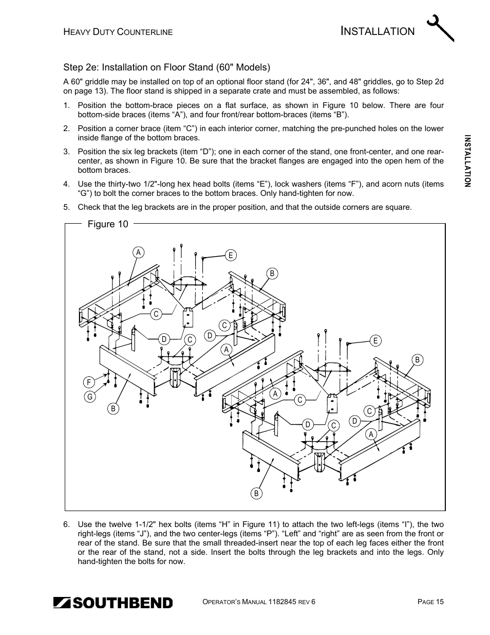 Step 2e: installation on floor stand (60" models), Age 15 (fo, Age 15). the | Nstallation | Southbend HDG-60E User Manual | Page 15 / 48