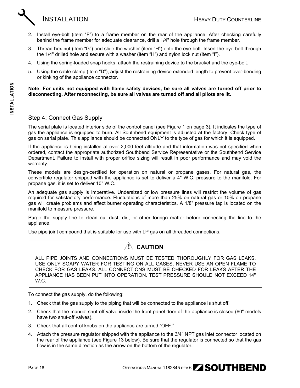 Step 4: connect gas supply, Nstallation | Southbend HDG-60E User Manual | Page 18 / 48